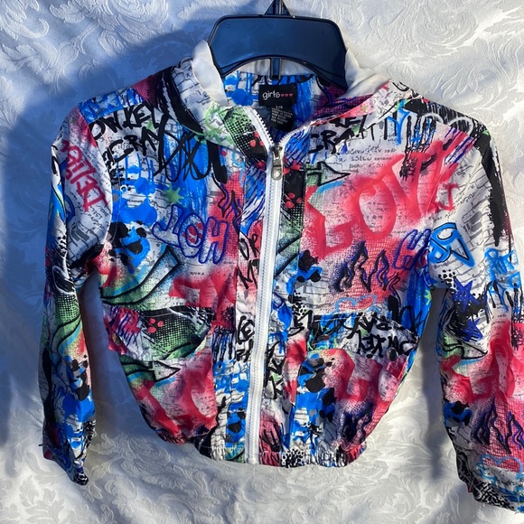Girls 7 8 lightweight windbreaker graffiti color pop jacket coat - Picture 2 of 5